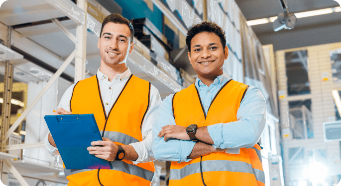 Two workers in construction vests standing and smiling in a warehouse. 