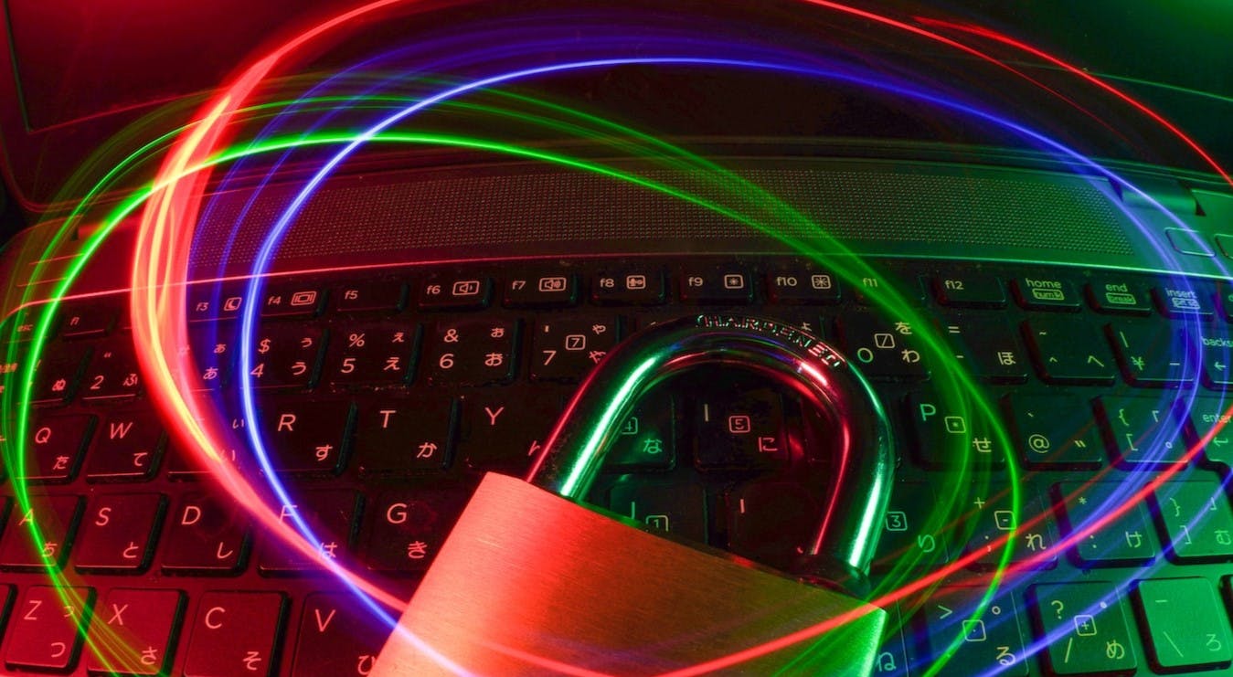 Computer with light effects and a padlock on the keyboard